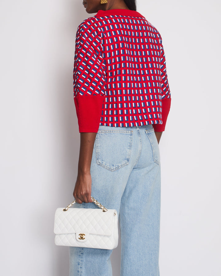 Top Quality Chanel SS13 Red Knit Jumper with Pearl Pockets & Blue and White Window Detail Size FR 36 (UK 8)