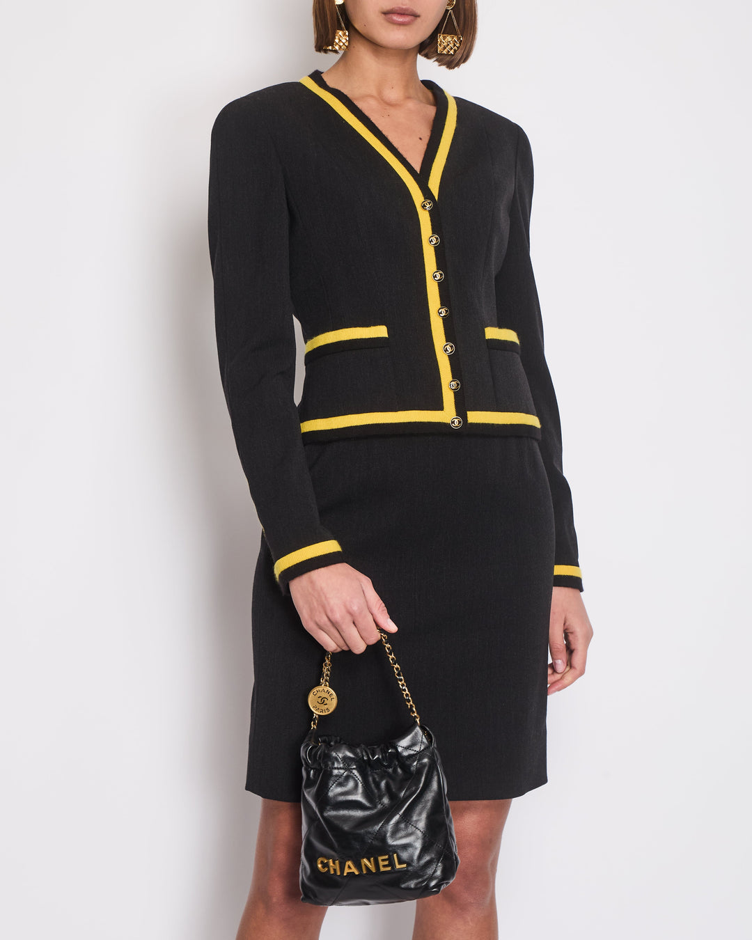*HOT* Top Quality Chanel 1994 Vintage Black and Yellow Wool Jacket & Midi Skirt Set with CC Logo Button Details Size FR 40 (UK 12)