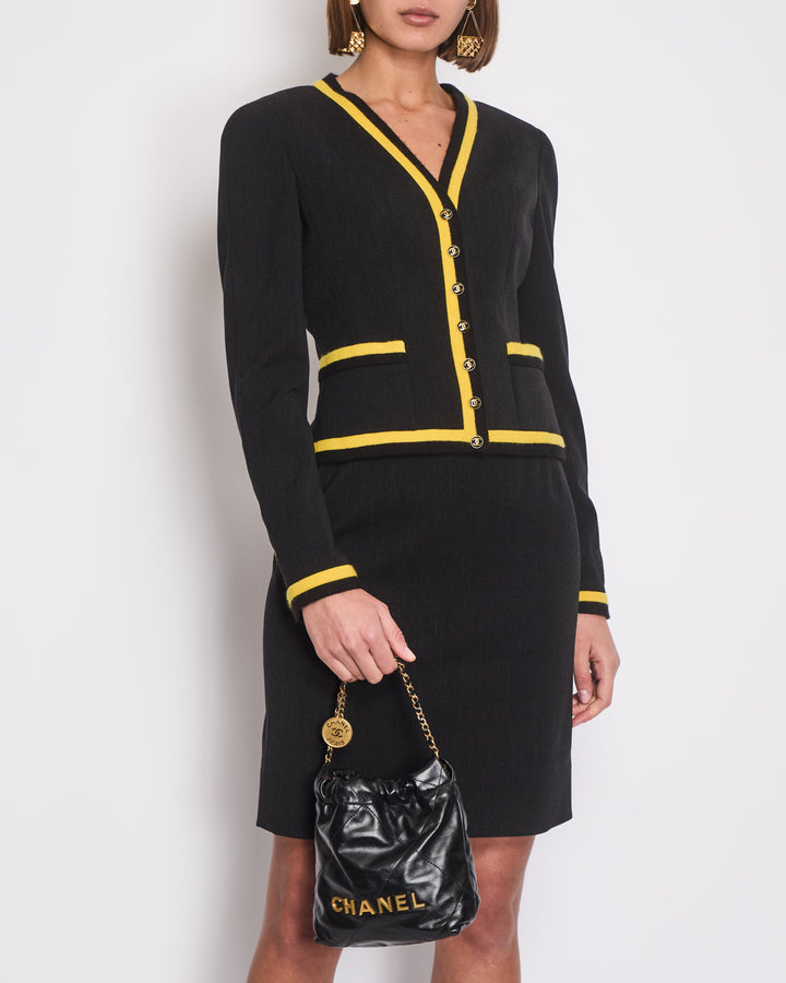 *HOT* Top Quality Chanel 1994 Vintage Black and Yellow Wool Jacket & Midi Skirt Set with CC Logo Button Details Size FR 40 (UK 12)