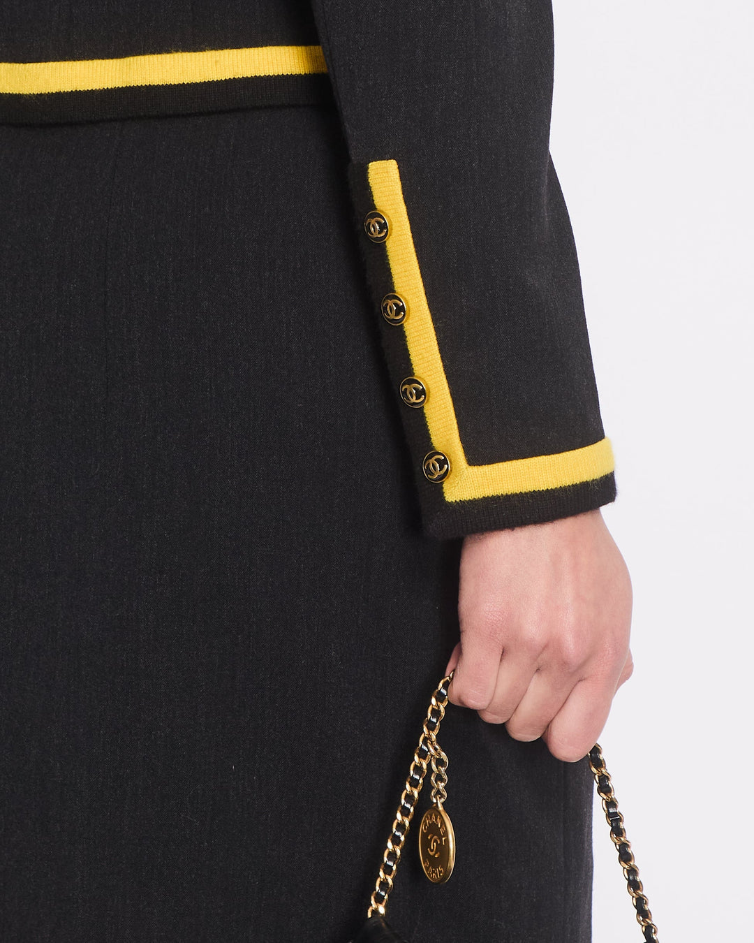 *HOT* Top Quality Chanel 1994 Vintage Black and Yellow Wool Jacket & Midi Skirt Set with CC Logo Button Details Size FR 40 (UK 12)
