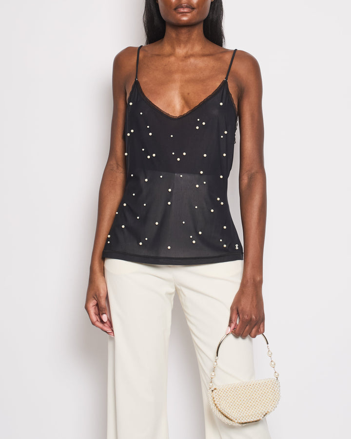 Top Quality Chanel Black Tank Top with Pearl Embellishments and CC Logo Detail Size FR 38 (UK 10)
