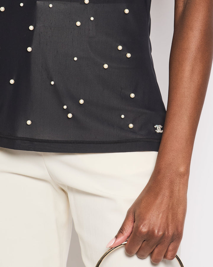 Top Quality Chanel Black Tank Top with Pearl Embellishments and CC Logo Detail Size FR 38 (UK 10)