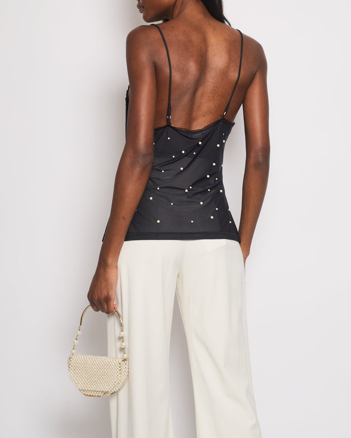 Top Quality Chanel Black Tank Top with Pearl Embellishments and CC Logo Detail Size FR 38 (UK 10)