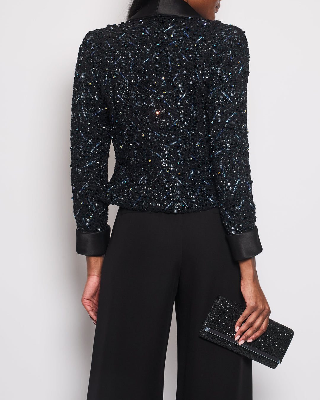 *HOT* Top Quality Chanel Black and Blue Sequin Embellished Jacket with Satin Collar Detail Size FR 34 (UK 6)