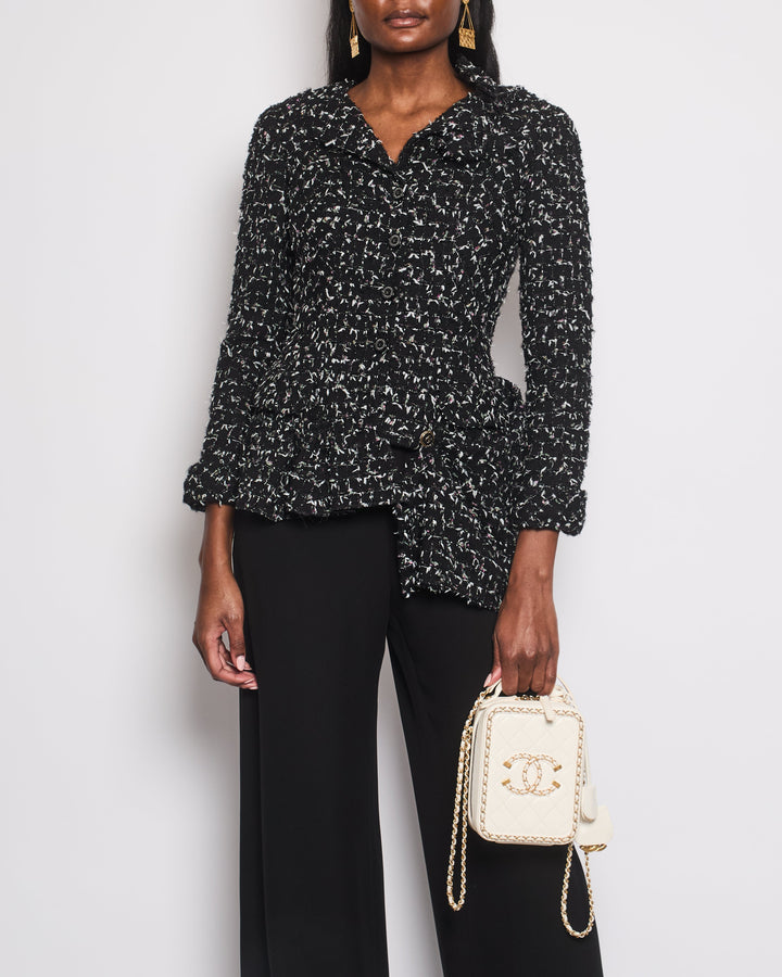 Top Quality Chanel Black Wool Multicolour Threads Ruffle Asymmetric Jacket with CC Logo Button Details Size FR 36 (UK 8)