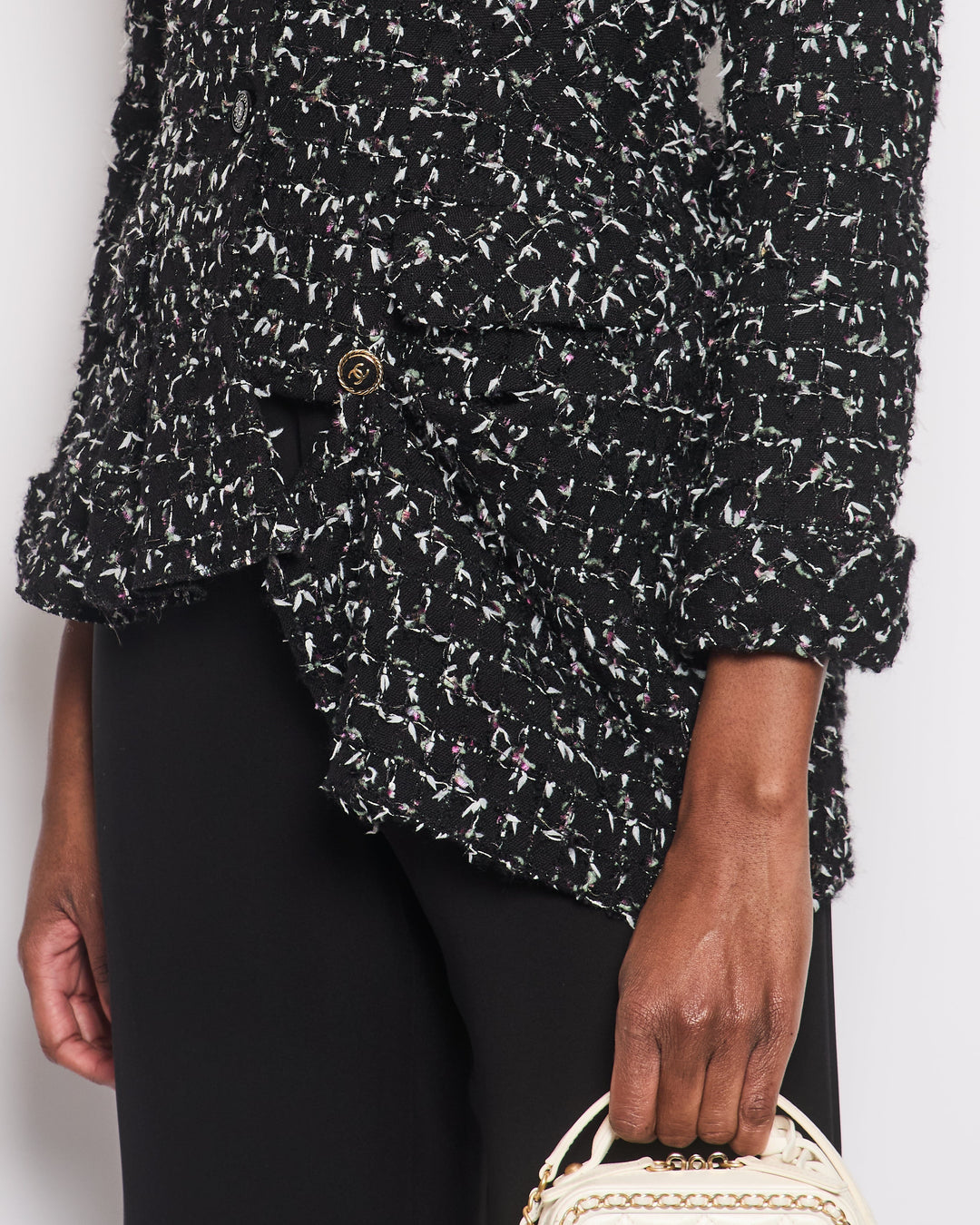 Top Quality Chanel Black Wool Multicolour Threads Ruffle Asymmetric Jacket with CC Logo Button Details Size FR 36 (UK 8)