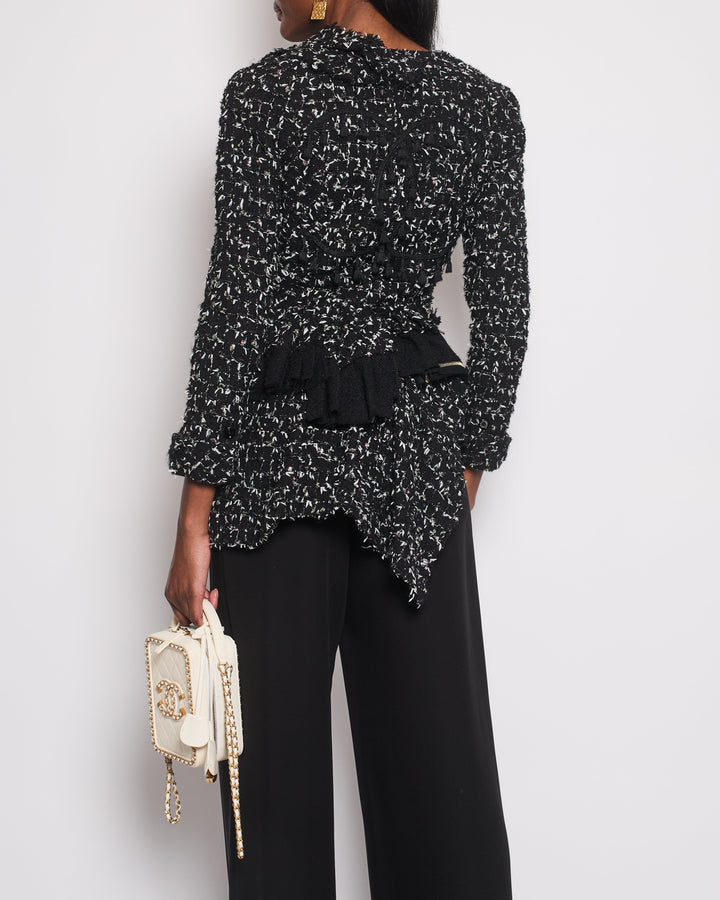 Top Quality Chanel Black Wool Multicolour Threads Ruffle Asymmetric Jacket with CC Logo Button Details Size FR 36 (UK 8)