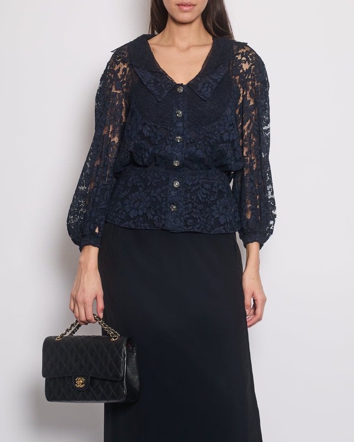Top Quality Chanel Navy Lace Long Sleeve Shirt with Ruthenium Buttons Detail Size FR 36 (UK 8)