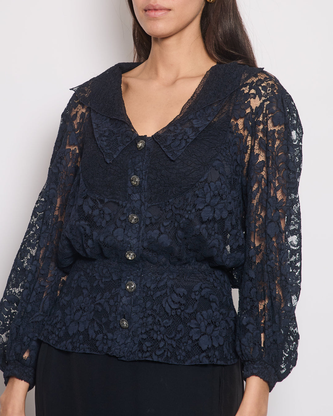 Top Quality Chanel Navy Lace Long Sleeve Shirt with Ruthenium Buttons Detail Size FR 36 (UK 8)