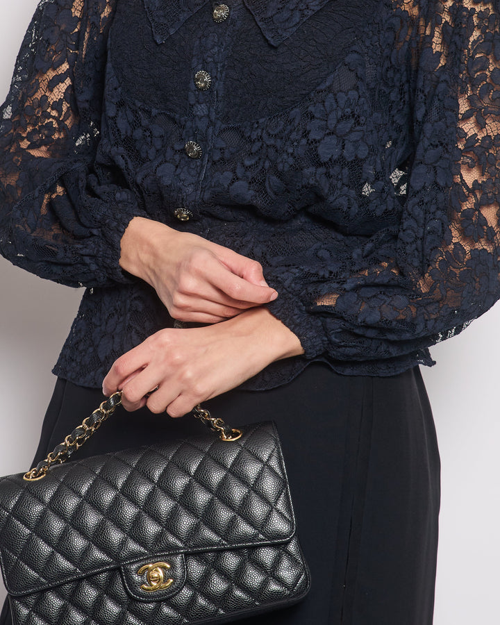 Top Quality Chanel Navy Lace Long Sleeve Shirt with Ruthenium Buttons Detail Size FR 36 (UK 8)