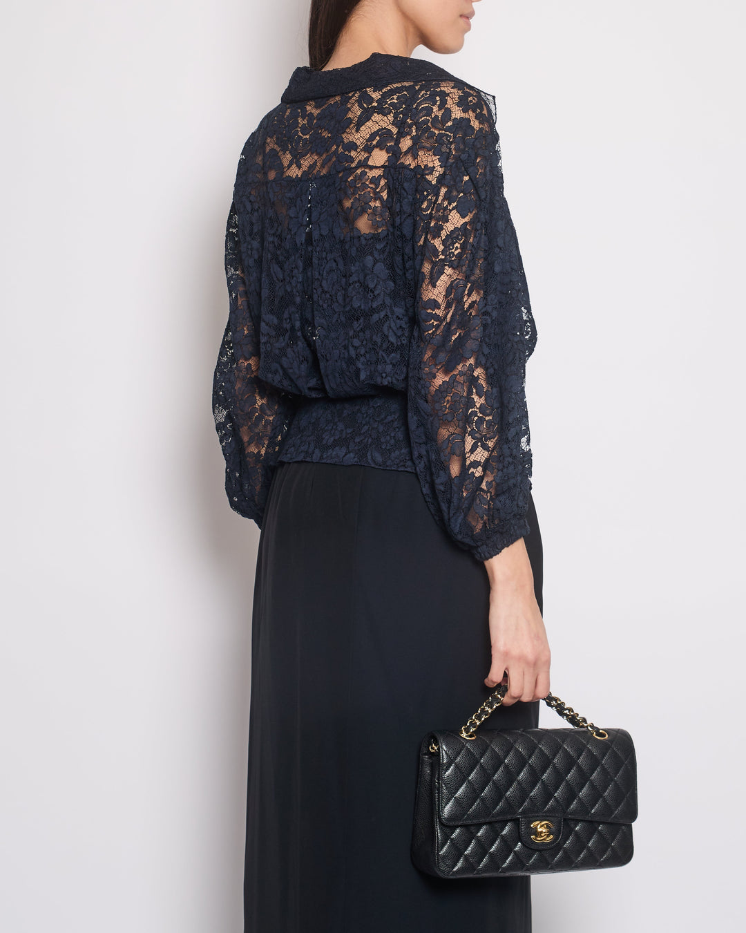Top Quality Chanel Navy Lace Long Sleeve Shirt with Ruthenium Buttons Detail Size FR 36 (UK 8)
