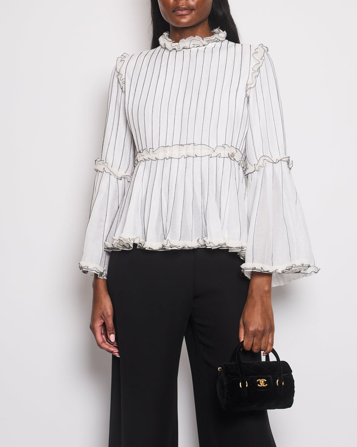 Top Quality Chanel Spring 2017 White Silk Striped Ruffle Long-Sleeve Top  Velcro Back Detail Size FR 36 (UK 8)