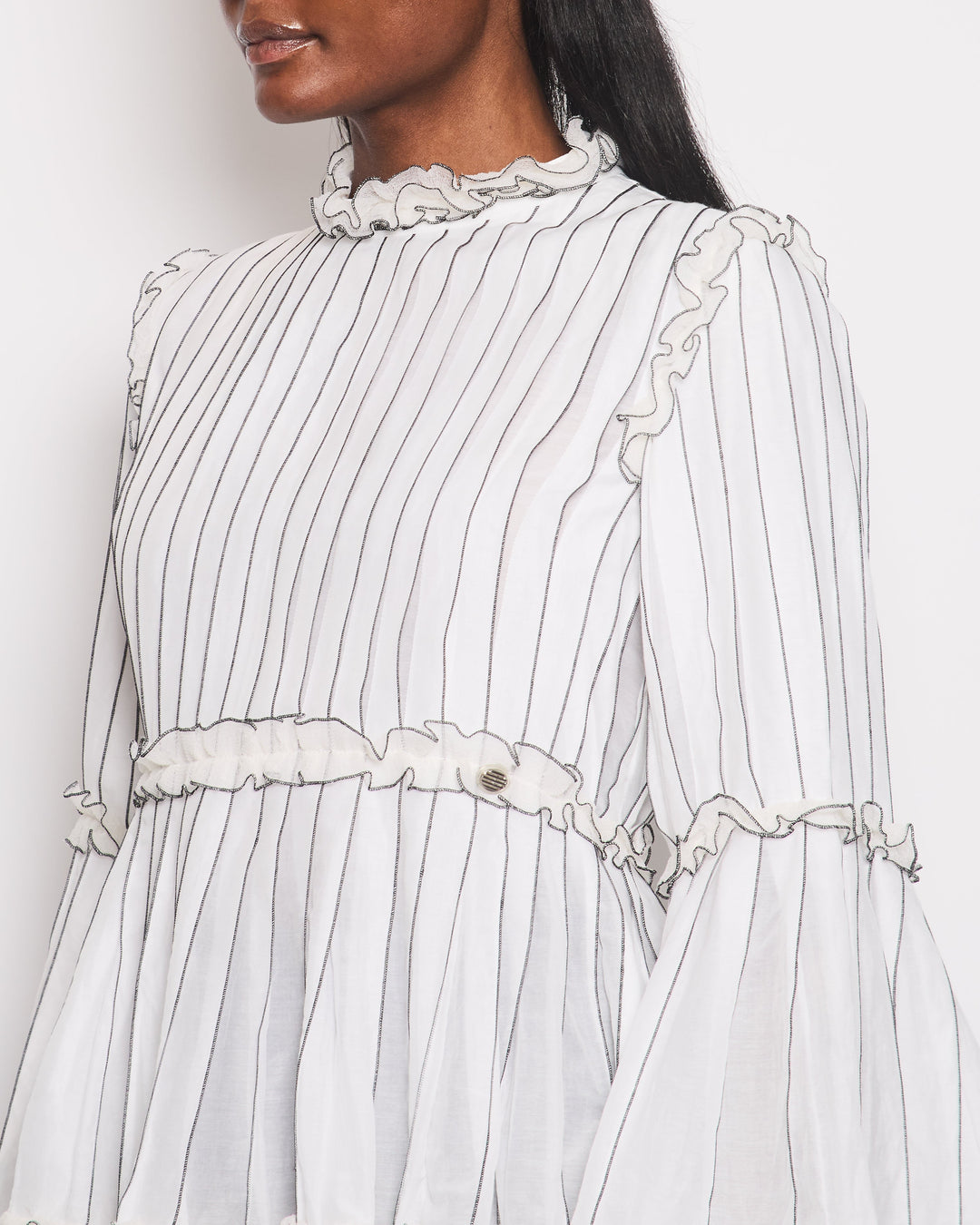 Top Quality Chanel Spring 2017 White Silk Striped Ruffle Long-Sleeve Top  Velcro Back Detail Size FR 36 (UK 8)