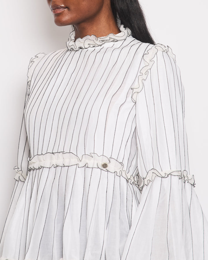 Top Quality Chanel Spring 2017 White Silk Striped Ruffle Long-Sleeve Top  Velcro Back Detail Size FR 36 (UK 8)