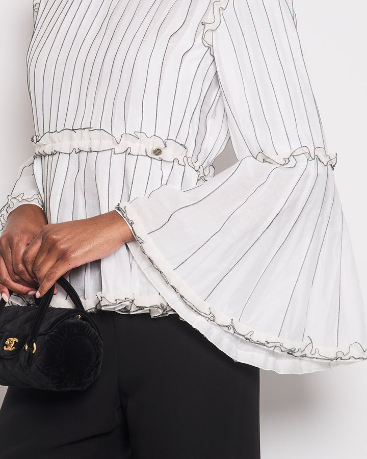 Top Quality Chanel Spring 2017 White Silk Striped Ruffle Long-Sleeve Top  Velcro Back Detail Size FR 36 (UK 8)