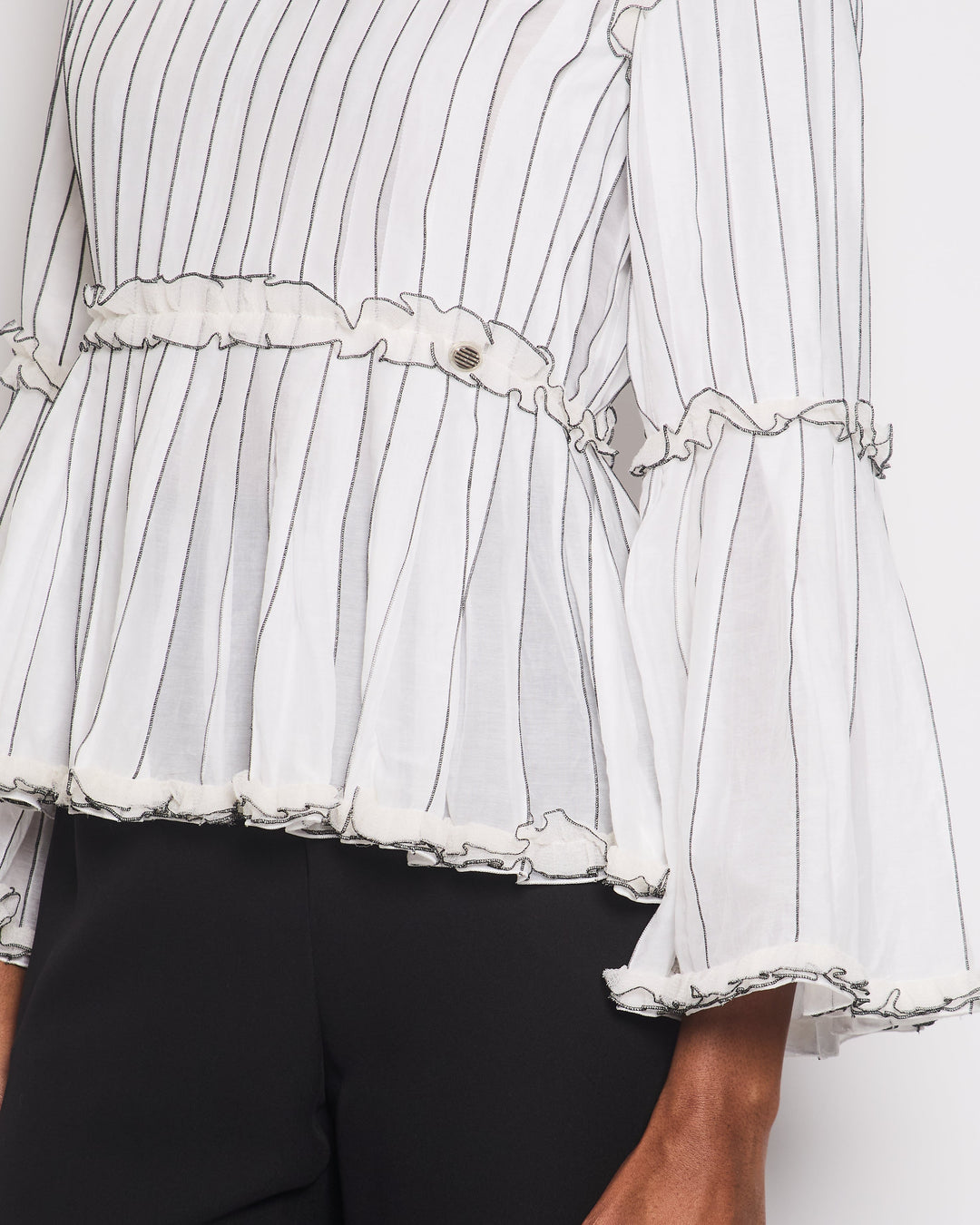 Top Quality Chanel Spring 2017 White Silk Striped Ruffle Long-Sleeve Top  Velcro Back Detail Size FR 36 (UK 8)