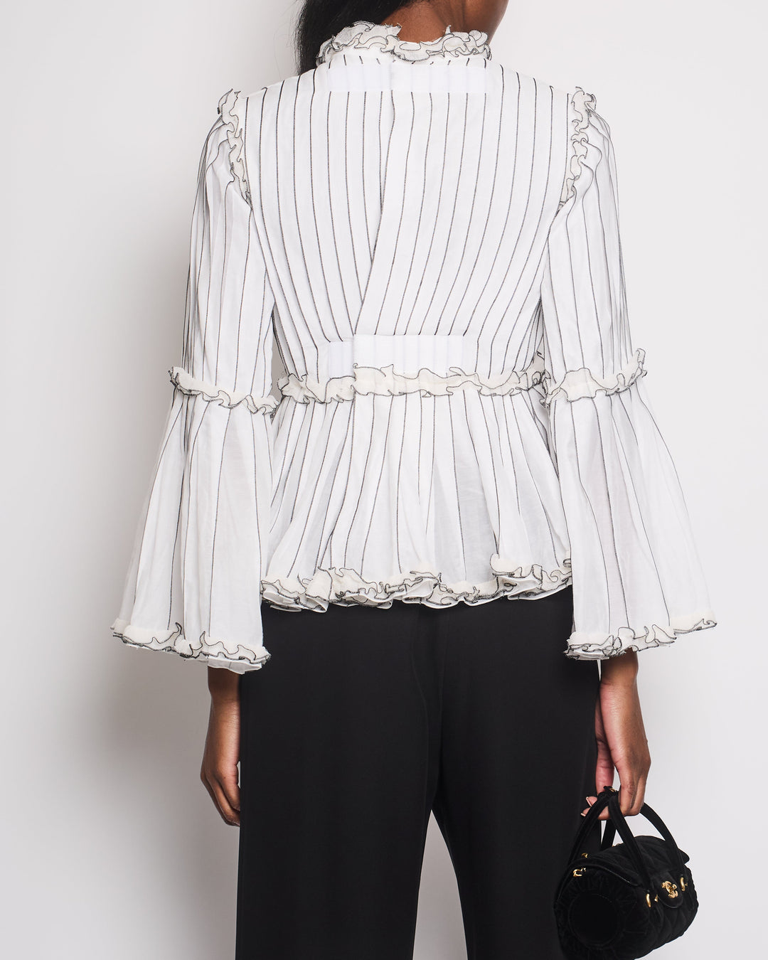 Top Quality Chanel Spring 2017 White Silk Striped Ruffle Long-Sleeve Top  Velcro Back Detail Size FR 36 (UK 8)