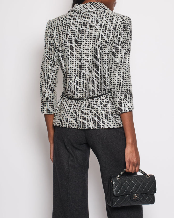 Top Quality Chanel Black and Silver Metallic Tweed Jacket with CC Buttons and Removable Pearl Detail Size FR 38 (UK 10)