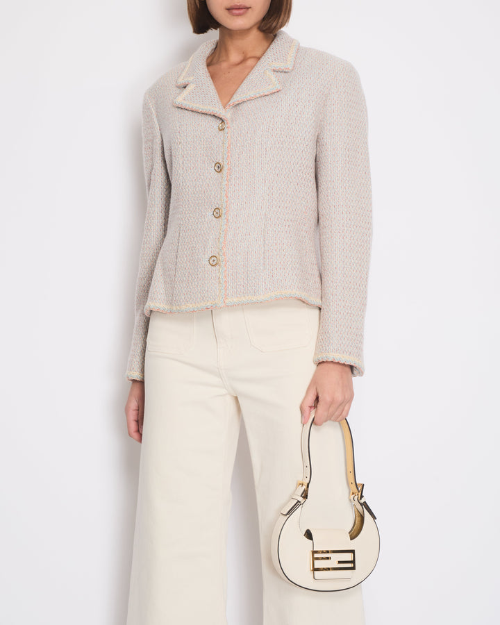 Top Quality Chanel Pastel Blue, Pink and Beige Tweed Jacket with Transparent CC Logo Button Details Size FR 44 (UK 16)