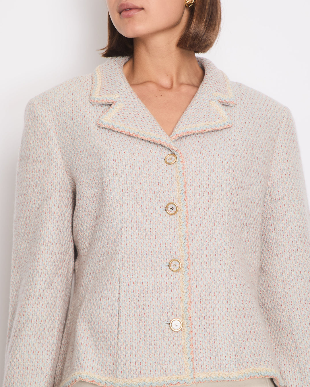 Top Quality Chanel Pastel Blue, Pink and Beige Tweed Jacket with Transparent CC Logo Button Details Size FR 44 (UK 16)