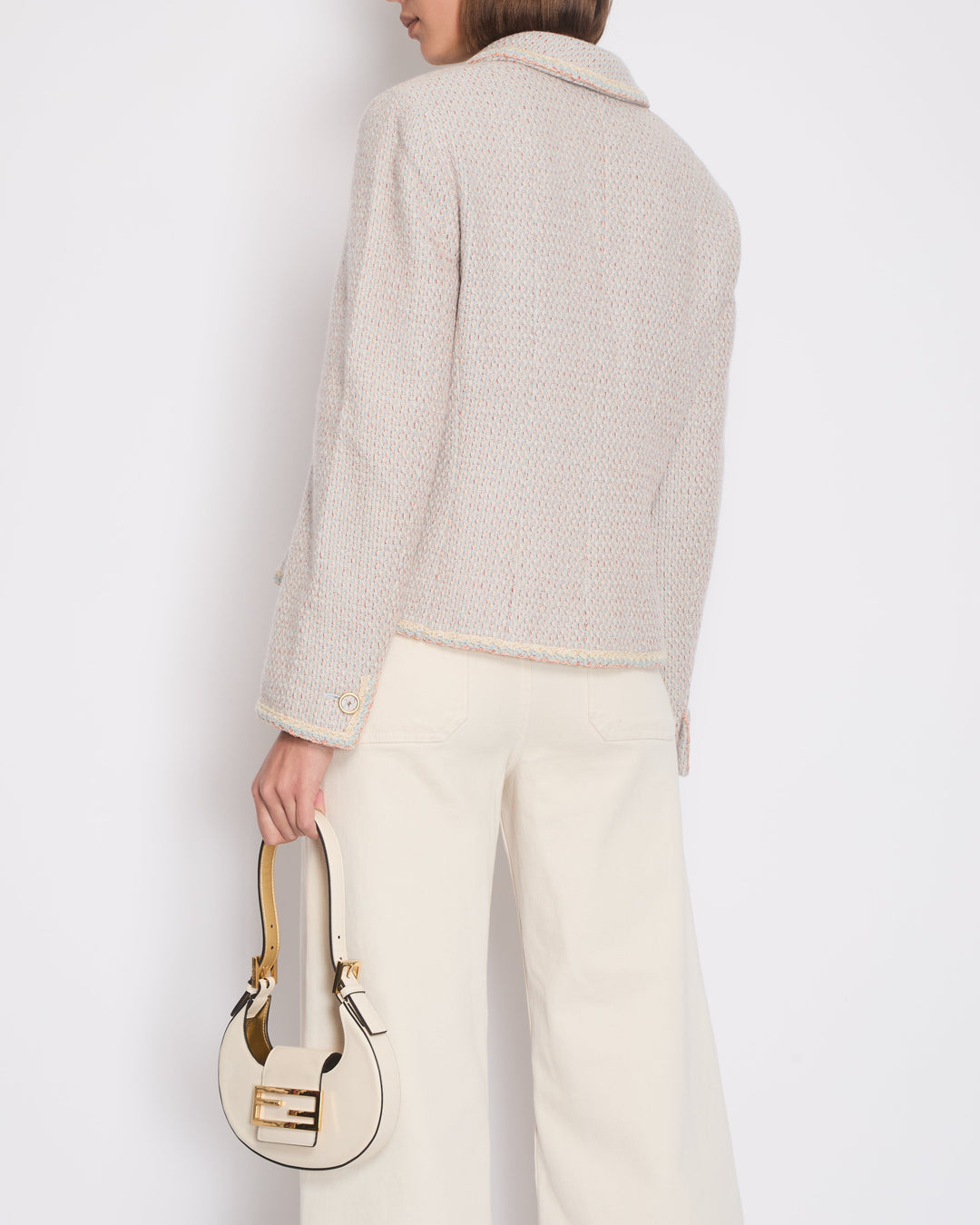 Top Quality Chanel Pastel Blue, Pink and Beige Tweed Jacket with Transparent CC Logo Button Details Size FR 44 (UK 16)