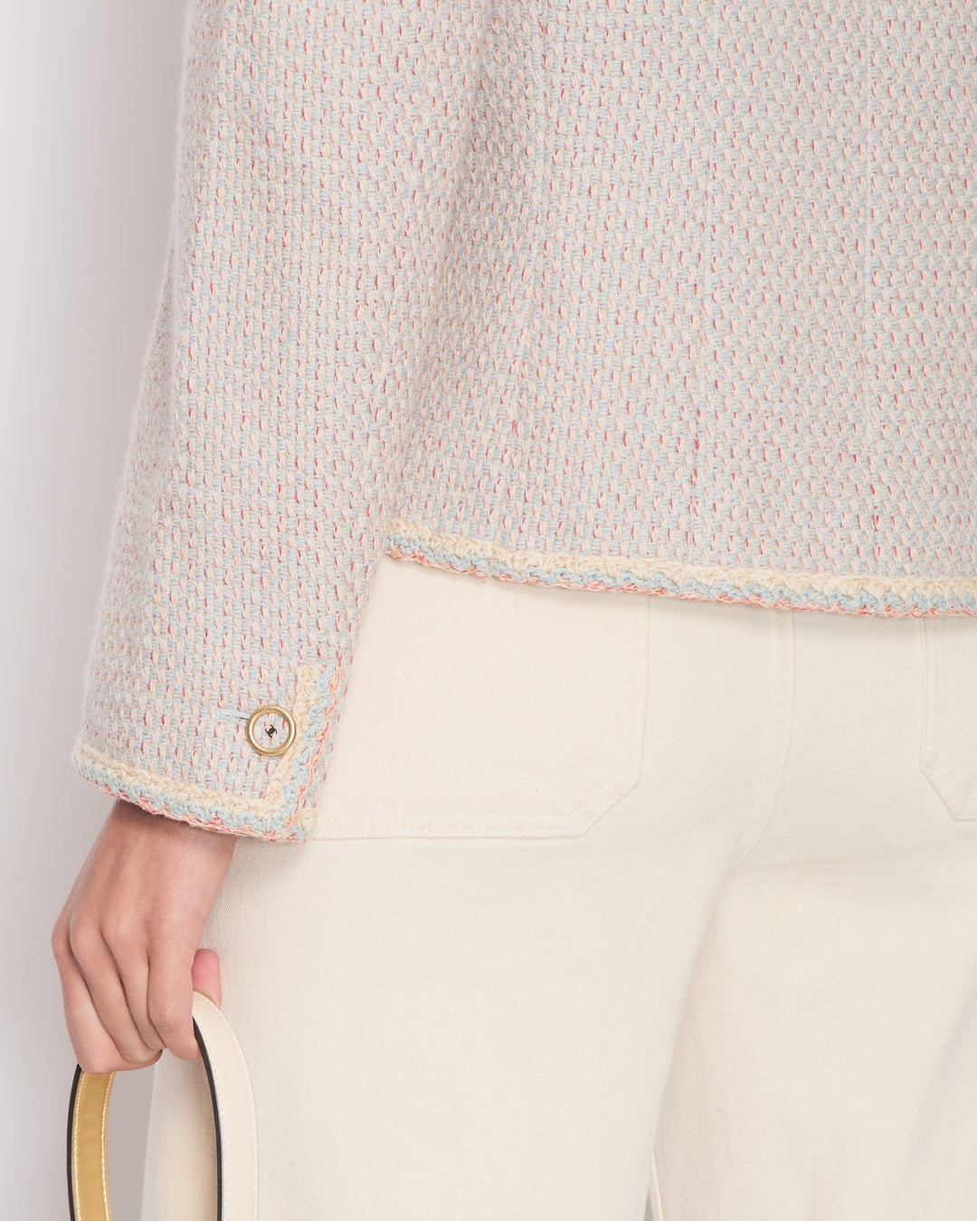 Top Quality Chanel Pastel Blue, Pink and Beige Tweed Jacket with Transparent CC Logo Button Details Size FR 44 (UK 16)