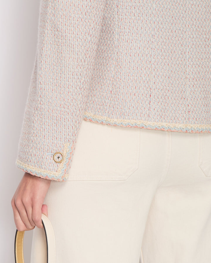 Top Quality Chanel Pastel Blue, Pink and Beige Tweed Jacket with Transparent CC Logo Button Details Size FR 44 (UK 16)