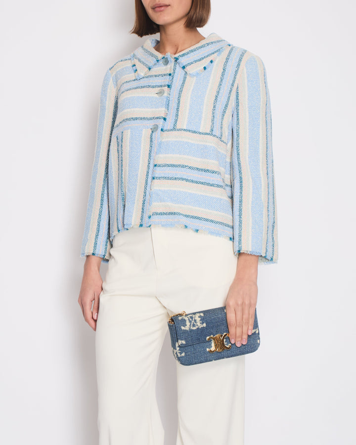 Top Quality Chanel 00/C Blue and Green Striped Tweed Jacket with Transparent Blue CC Logo Button Details Size FR 46 (UK 18)