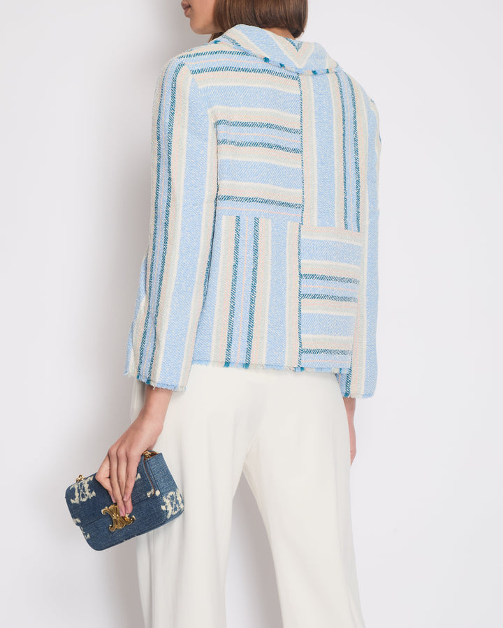 Top Quality Chanel 00/C Blue and Green Striped Tweed Jacket with Transparent Blue CC Logo Button Details Size FR 46 (UK 18)
