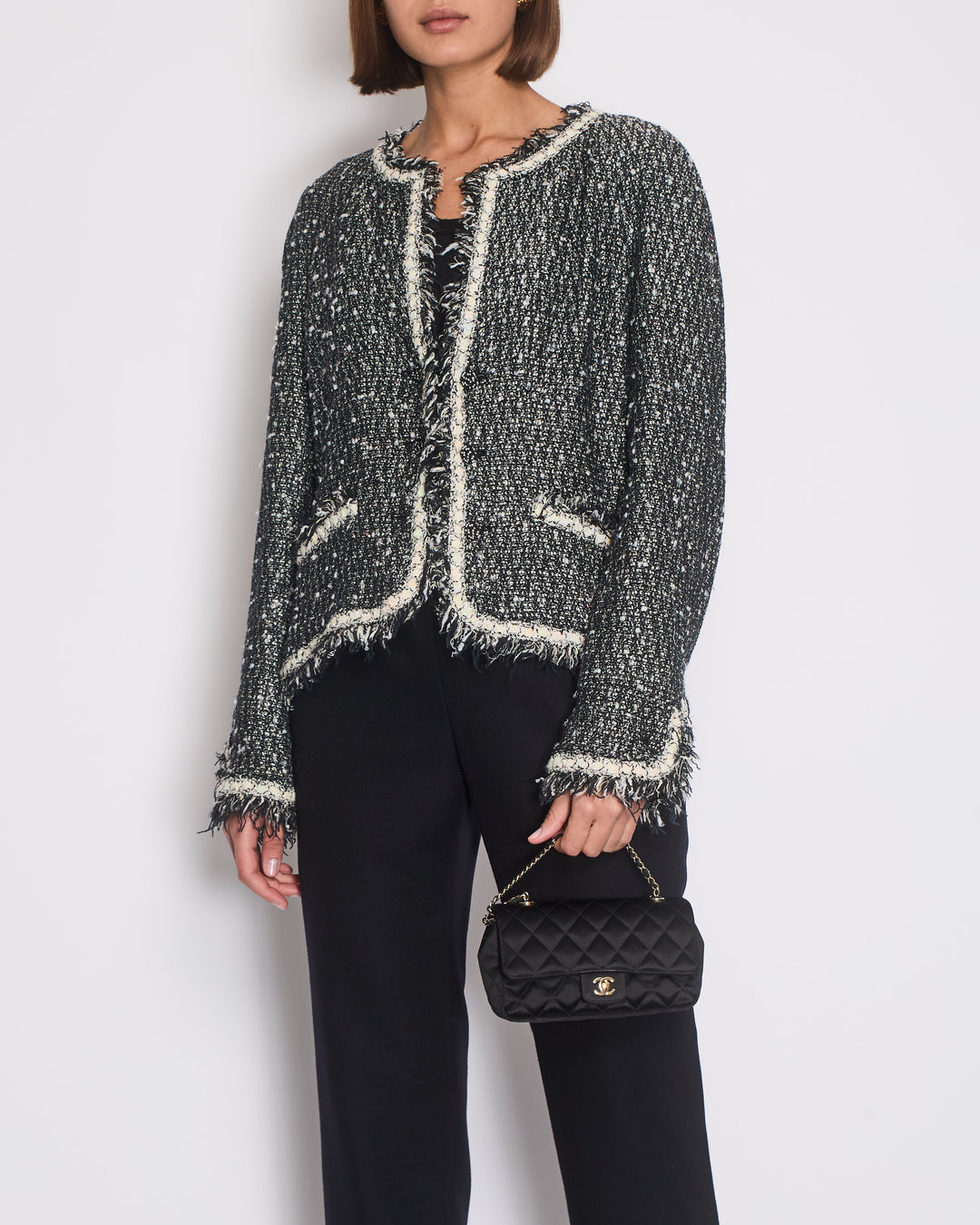 Top Quality Chanel 05/A Black, Navy, White Tweed Jacket with Frilled Edges and Crystal Chained Button Details Size FR 46 (UK 18)
