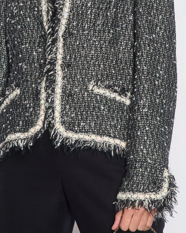 Top Quality Chanel 05/A Black, Navy, White Tweed Jacket with Frilled Edges and Crystal Chained Button Details Size FR 46 (UK 18)