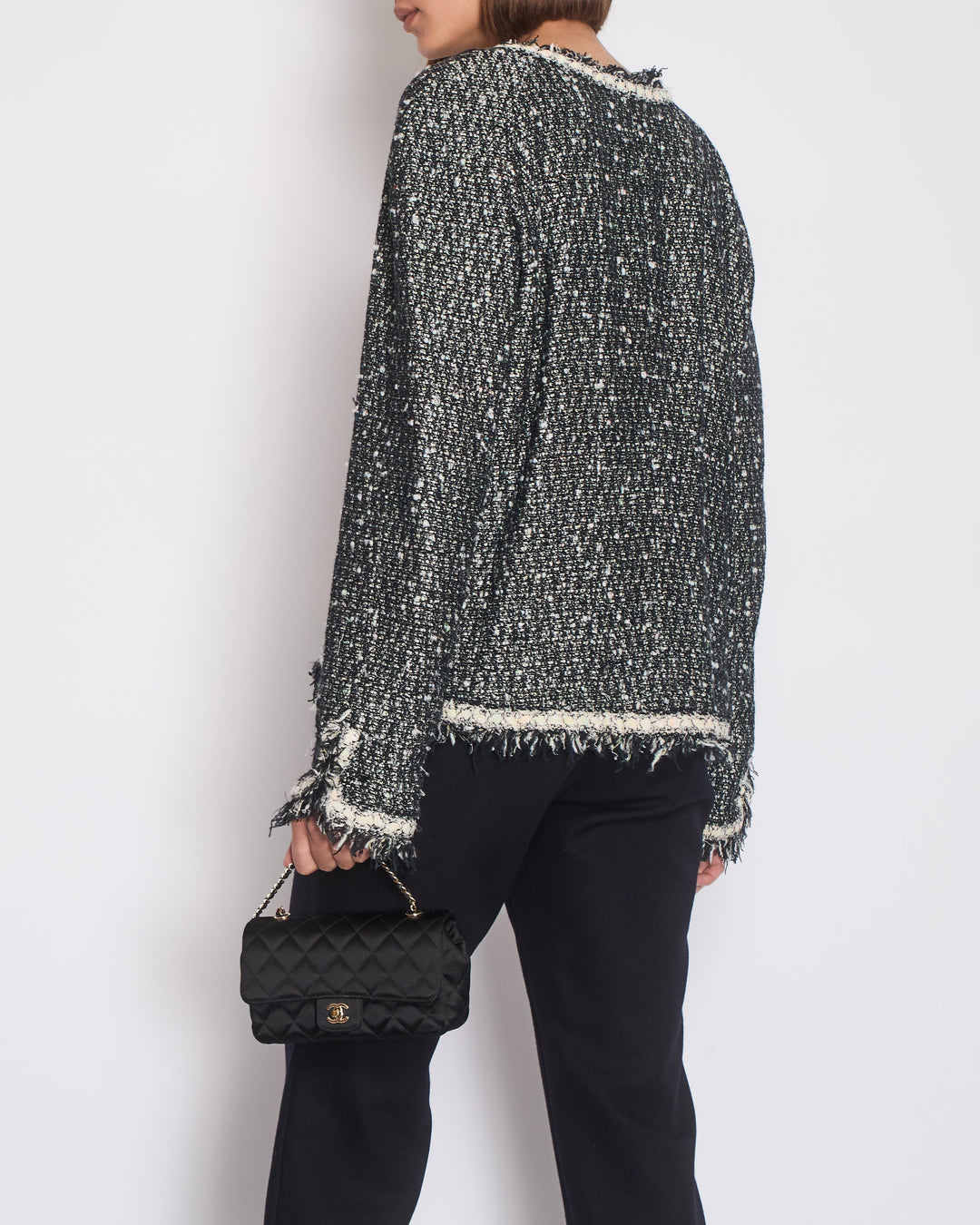 Top Quality Chanel 05/A Black, Navy, White Tweed Jacket with Frilled Edges and Crystal Chained Button Details Size FR 46 (UK 18)