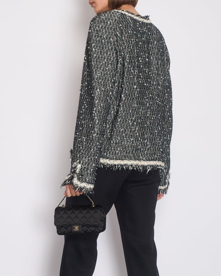 Top Quality Chanel 05/A Black, Navy, White Tweed Jacket with Frilled Edges and Crystal Chained Button Details Size FR 46 (UK 18)