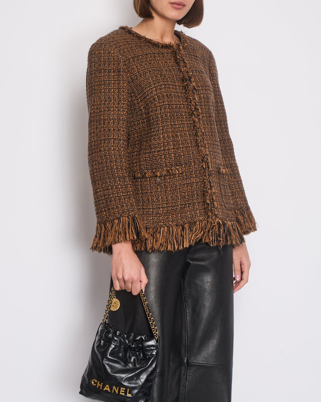 Top Quality Chanel Brown, Black Checked Tweed Jacket with Frilled Hem and Cuff Details Size FR 46 (UK 18)