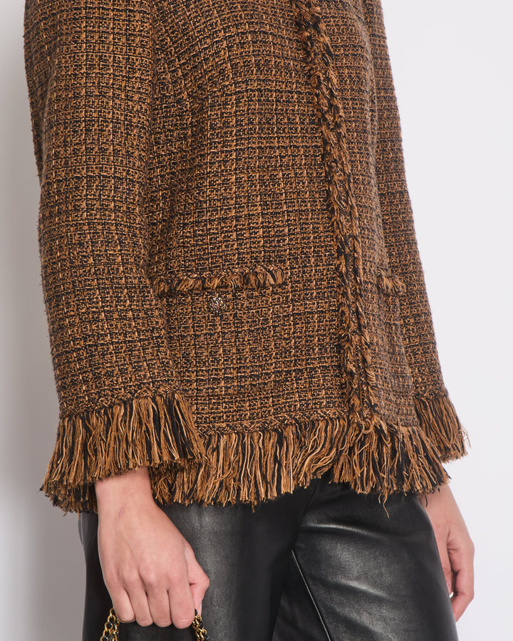 Top Quality Chanel Brown, Black Checked Tweed Jacket with Frilled Hem and Cuff Details Size FR 46 (UK 18)