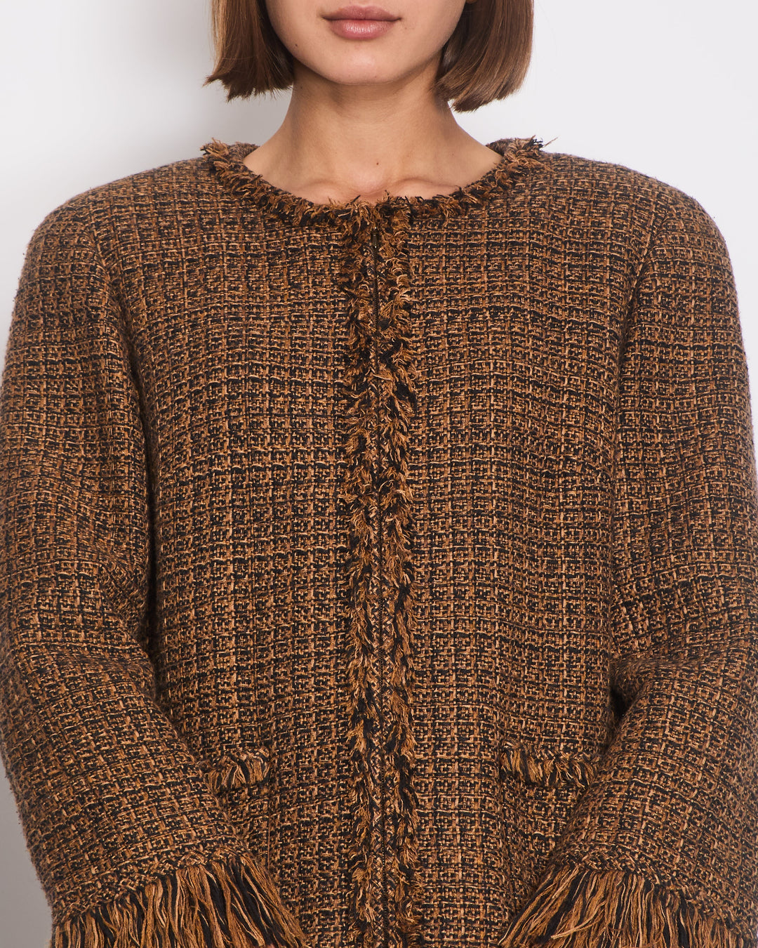 Top Quality Chanel Brown, Black Checked Tweed Jacket with Frilled Hem and Cuff Details Size FR 46 (UK 18)