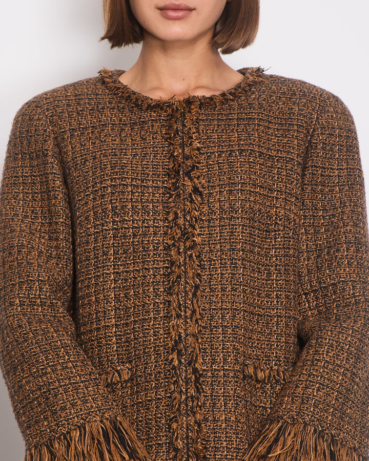 Top Quality Chanel Brown, Black Checked Tweed Jacket with Frilled Hem and Cuff Details Size FR 46 (UK 18)