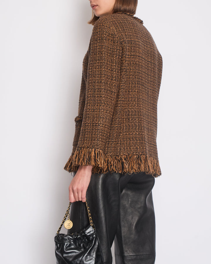 Top Quality Chanel Brown, Black Checked Tweed Jacket with Frilled Hem and Cuff Details Size FR 46 (UK 18)