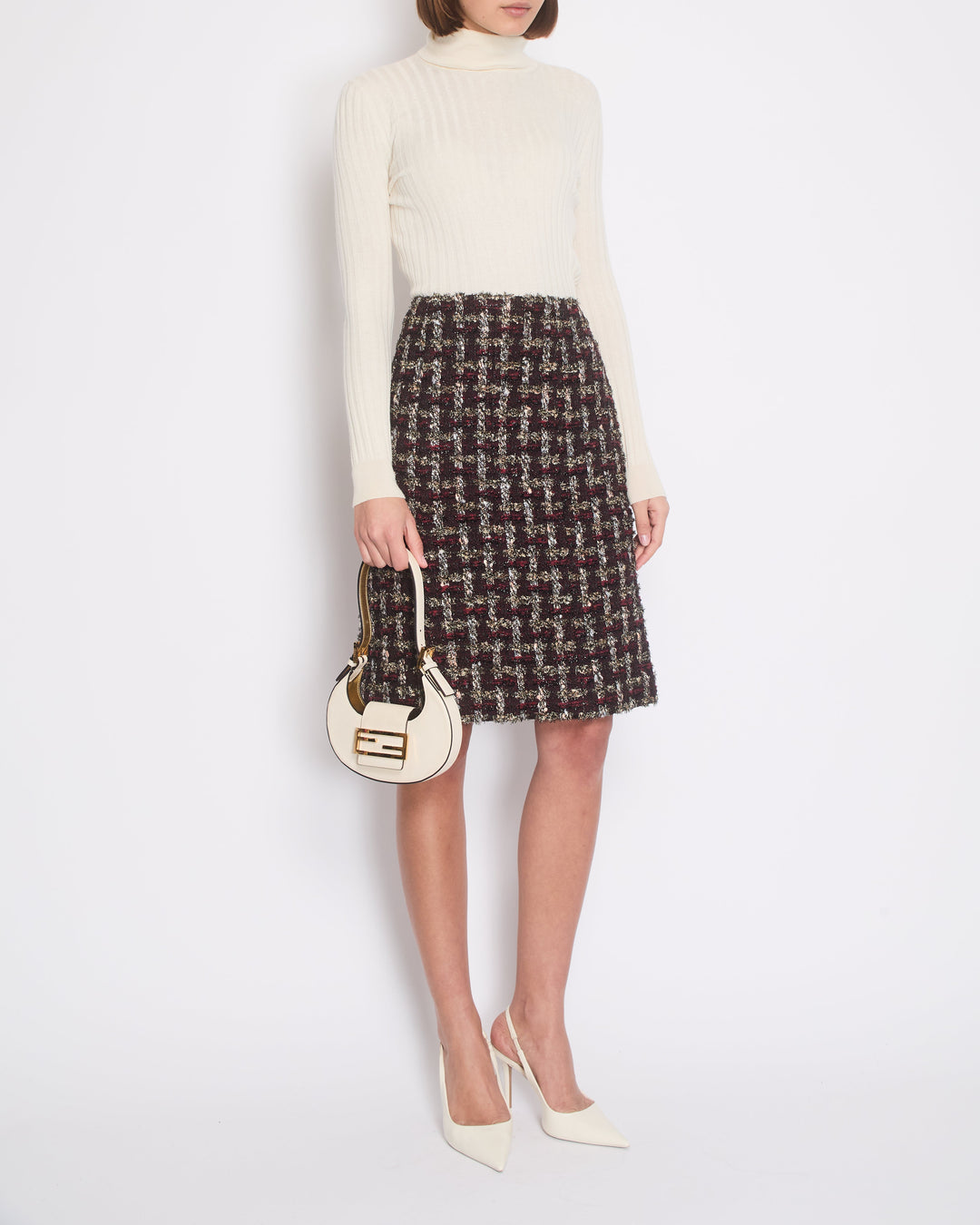 Top Quality Chanel Red, Black and Gold Checked Tweed Skirt with a Black CC Crystal Logo Detail Size FR 44 (UK 16)