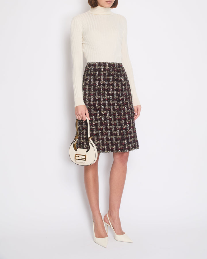 Top Quality Chanel Red, Black and Gold Checked Tweed Skirt with a Black CC Crystal Logo Detail Size FR 44 (UK 16)