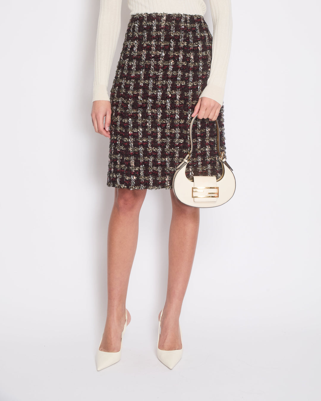 Top Quality Chanel Red, Black and Gold Checked Tweed Skirt with a Black CC Crystal Logo Detail Size FR 44 (UK 16)