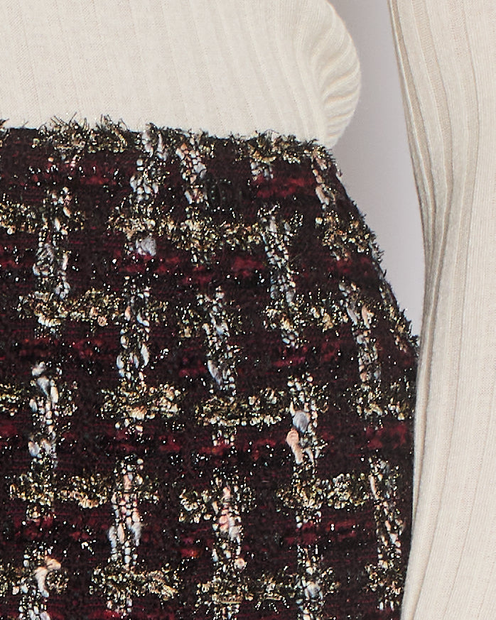 Top Quality Chanel Red, Black and Gold Checked Tweed Skirt with a Black CC Crystal Logo Detail Size FR 44 (UK 16)