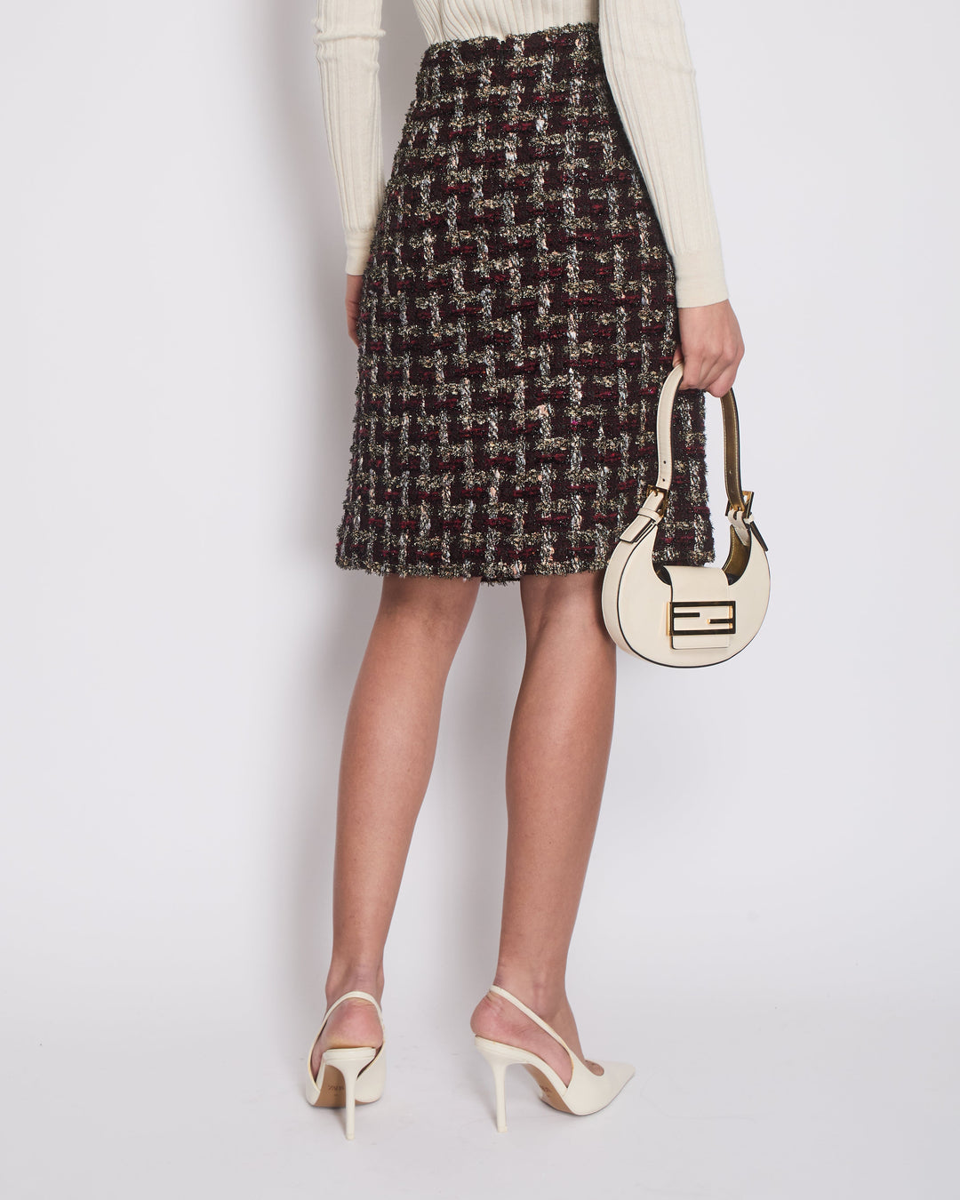 Top Quality Chanel Red, Black and Gold Checked Tweed Skirt with a Black CC Crystal Logo Detail Size FR 44 (UK 16)