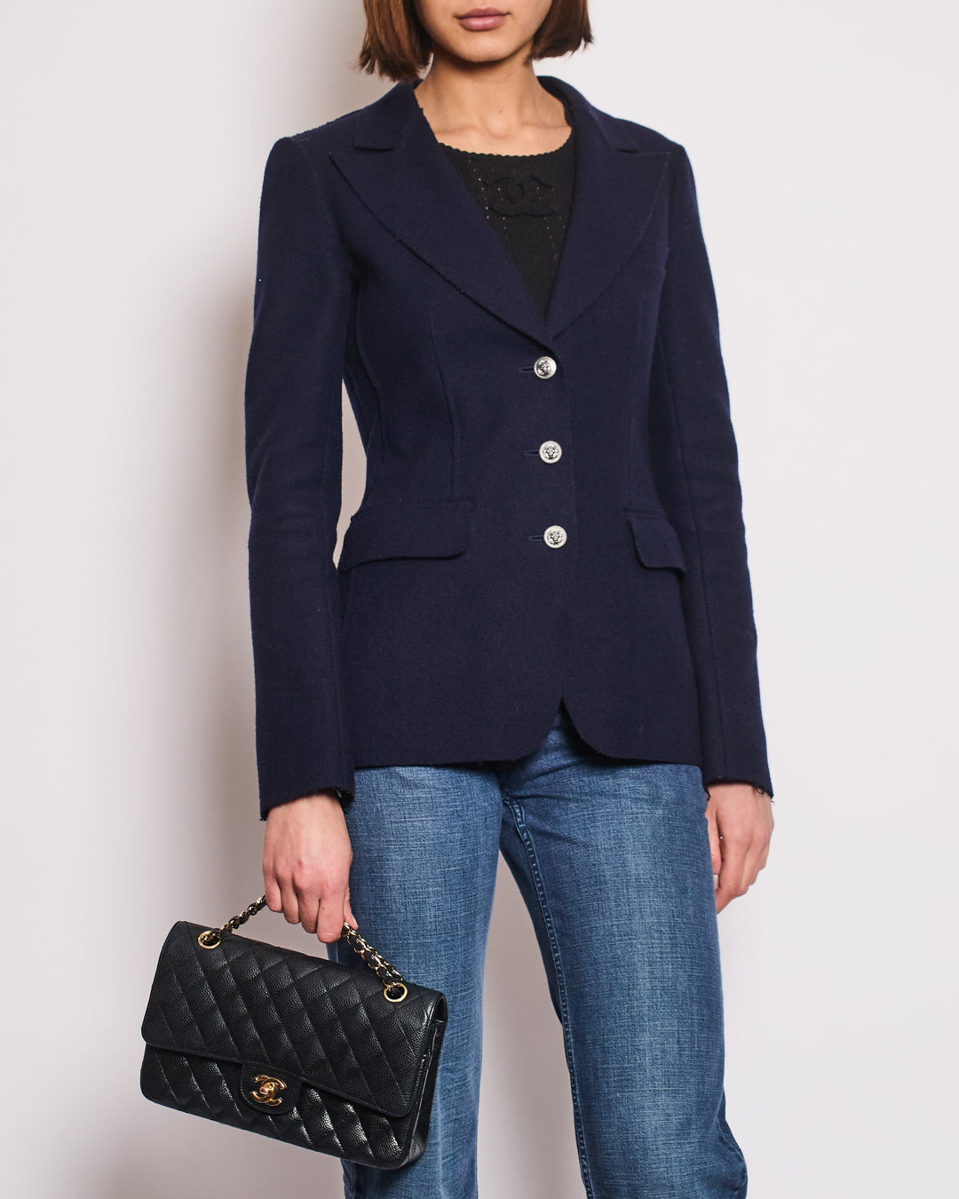 Top Quality Chanel Navy Wool Blazer Jacket with Silver CC Button Detail FR 36 (UK 8)