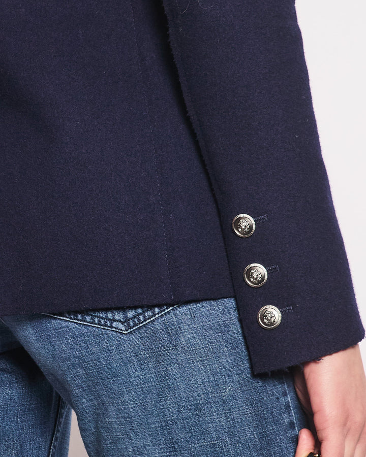 Top Quality Chanel Navy Wool Blazer Jacket with Silver CC Button Detail FR 36 (UK 8)