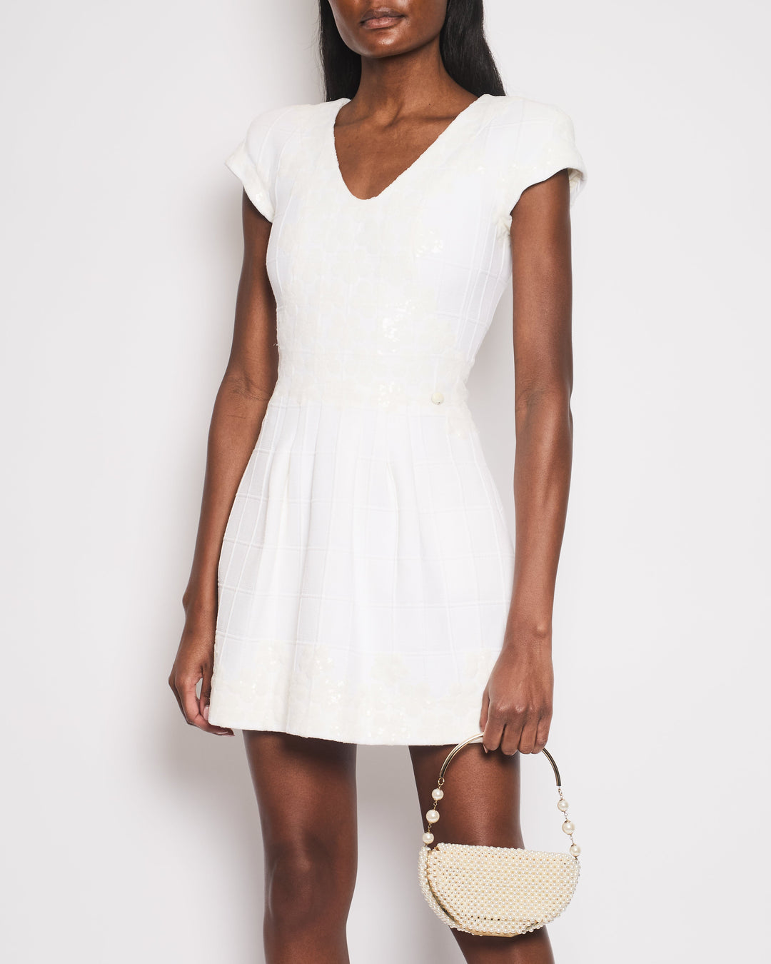 Top Quality Chanel White Short Sleeve Sequin Floral Embellished Mini Dress Size FR 36 (UK 8)
