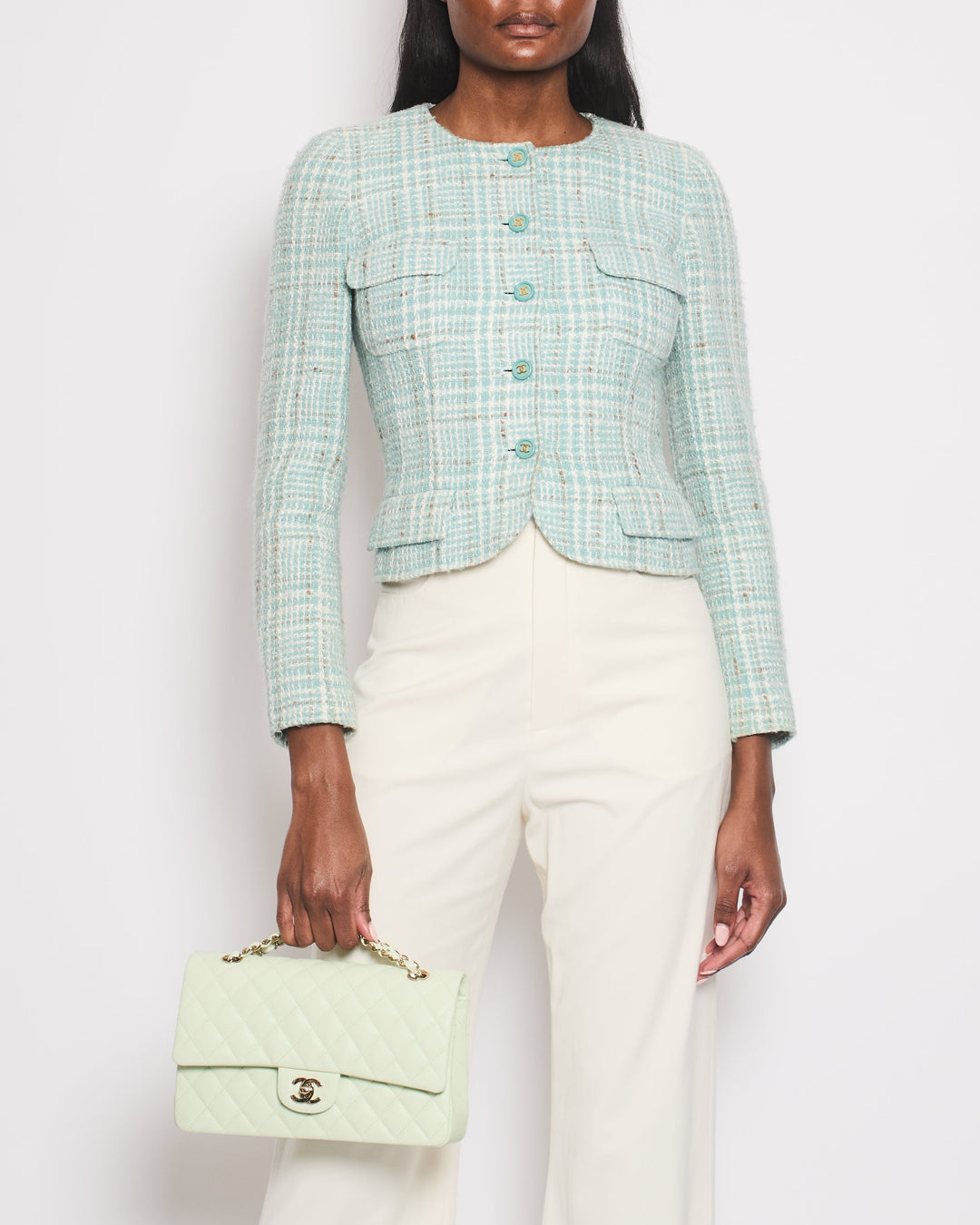 Top Quality Chanel 1997 Vintage Baby Blue, Brown and White Tweed Jacket with CC Button Details Size FR 34 (UK 6)