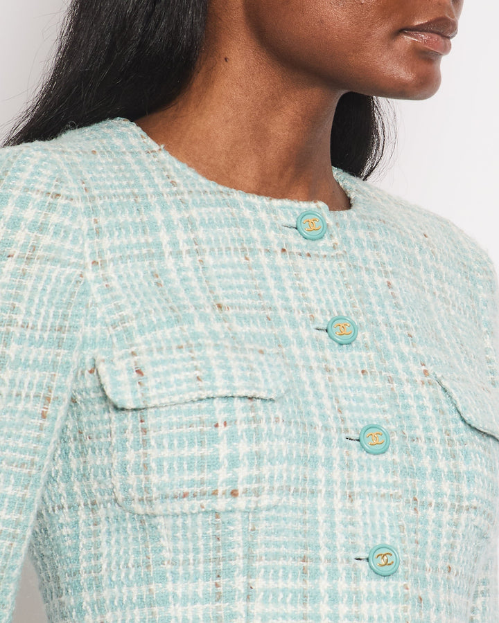 Top Quality Chanel 1997 Vintage Baby Blue, Brown and White Tweed Jacket with CC Button Details Size FR 34 (UK 6)