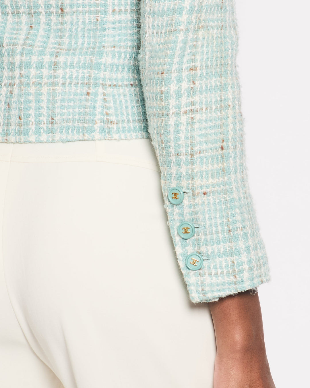 Top Quality Chanel 1997 Vintage Baby Blue, Brown and White Tweed Jacket with CC Button Details Size FR 34 (UK 6)