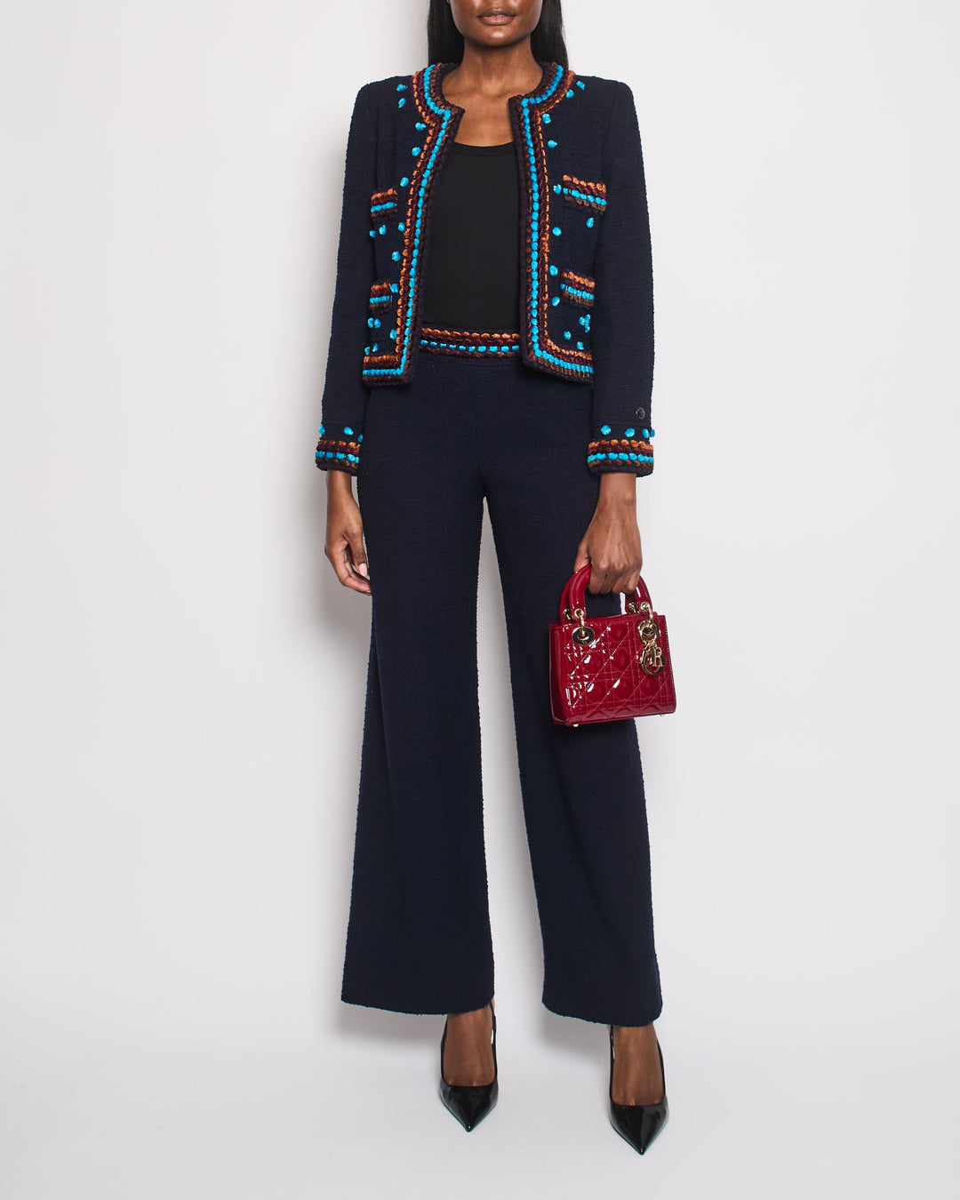 Top Quality Chanel for Bergdorf Newman AW/97 Navy Boucle Cropped Jacket with Matching Trousers Size FR 36 (UK 8)